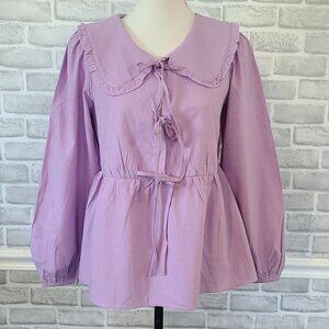 Zesica Tie Front Peplum Blouse Blouson Sleeve Babydoll Coquette NEW Small